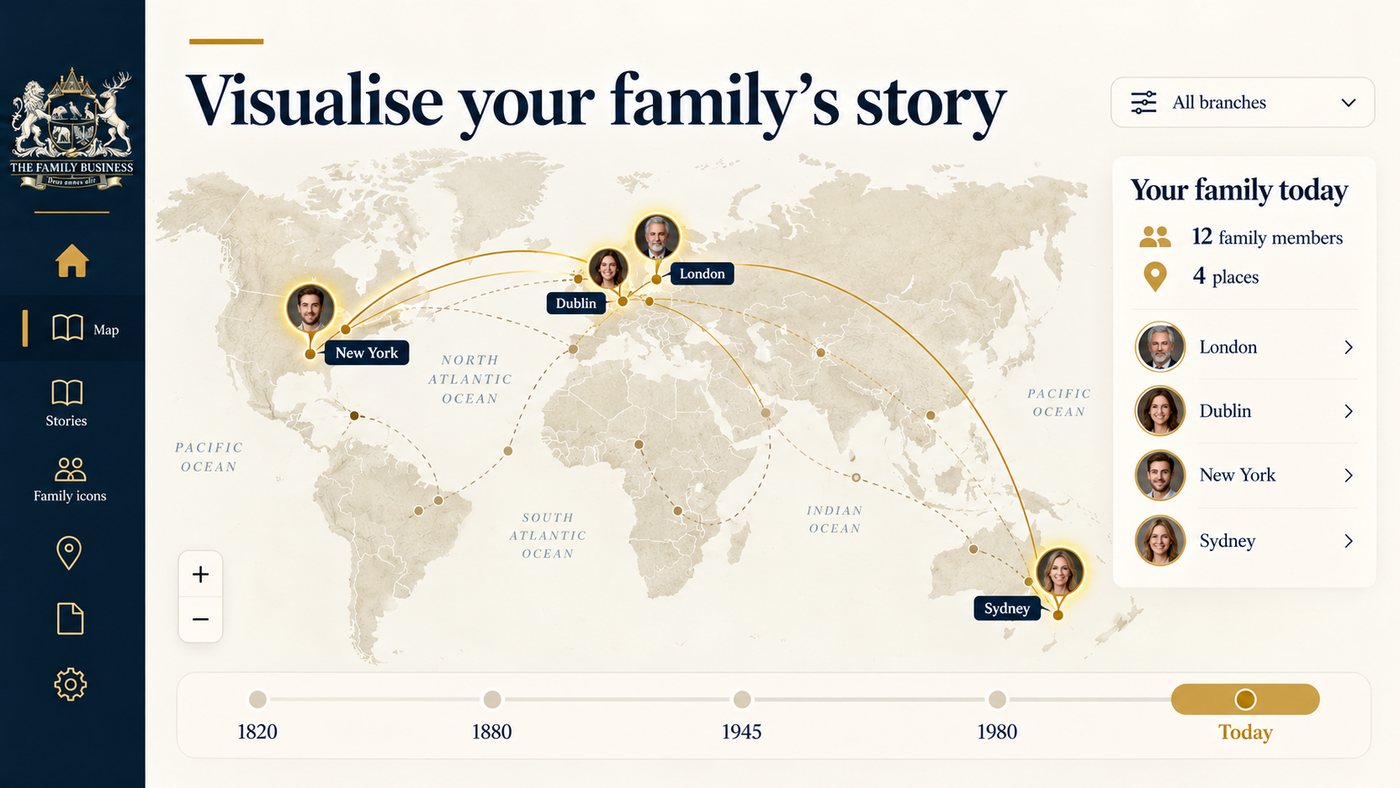 Family map set to today: relatives pinned in New York, Dublin, London and Sydney, linked by gold routes