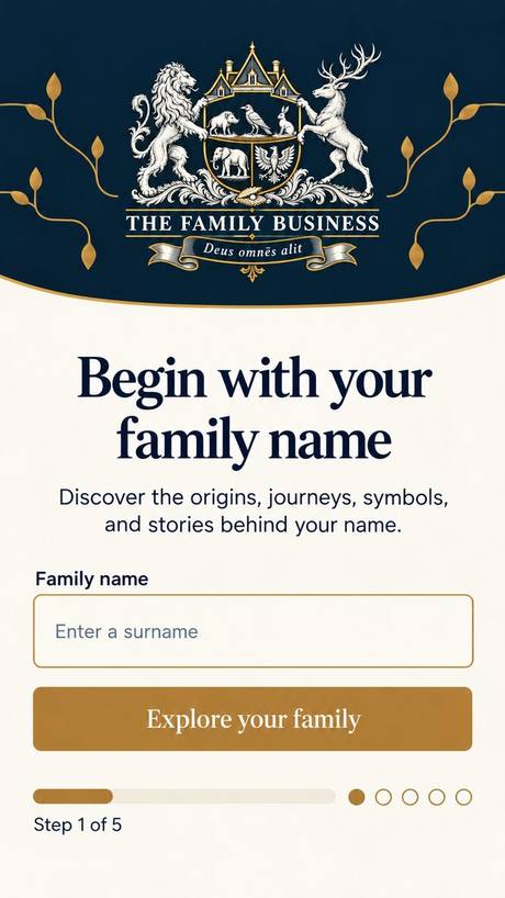 Mobile start screen: Begin with your family name